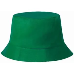 A green bucket hat with a wide brim and a simple, solid design.