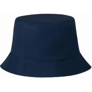 A navy blue bucket hat with a wide brim, featuring a simple, classic design. It has a solid colour and no visible branding.