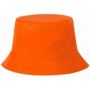 A bright orange bucket hat with a wide brim, featuring a smooth texture and no visible logos.