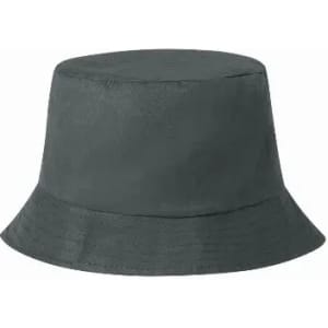 A grey bucket hat with a wide brim and a flat top, featuring a simple design and no visible branding.