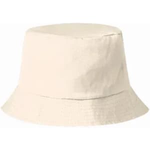 A bucket hat in a light beige colour, featuring a wide brim and a simple design. It has a logo on the side.