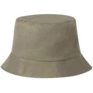 A bucket hat in a muted olive green colour with a wide brim and soft fabric. It features a simple, unembellished design.