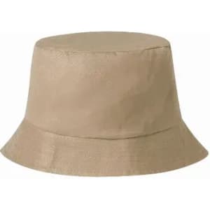 A bucket hat in a light beige colour with a wide brim and a textured surface. It has a simple design and no visible branding.