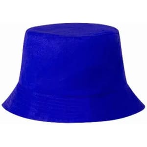 A blue bucket hat with a wide brim and a flat crown. It has a smooth texture and a simple design.