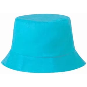A bucket hat in bright turquoise, featuring a wide brim and a smooth finish. It has a branding logo on the side.