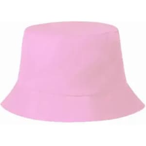 A pink bucket hat with a wide brim and a smooth surface. It features a simple design without any logos.