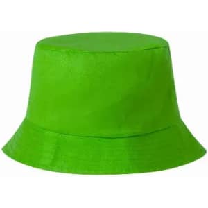A green bucket hat with a wide brim and a smooth texture, featuring a simple design.