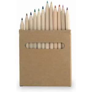 A box of coloured pencils in various shades, neatly arranged with a cardboard holder.