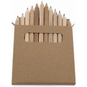 A set of coloured pencils in a cardboard case, featuring various colours and a cut-out window on the front.