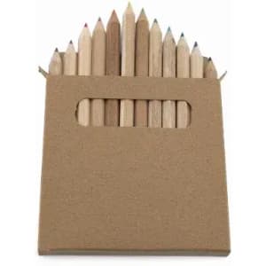 A set of coloured pencils neatly arranged in a brown cardboard case with a cutout window.