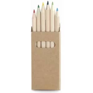 A set of coloured pencils in seven hues, packaged in a brown cardboard box with a handle.