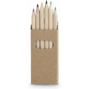 A cardboard box containing seven multi-coloured pencils, with a cut-out window on the front.