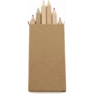 A box of coloured pencils with six different pencil tips visible, set against a plain white background.