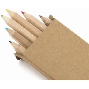 A set of six coloured pencils in a brown cardboard box, featuring tips in red, yellow, green, blue, and black.