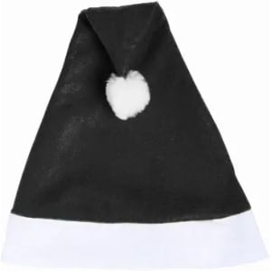 A black Santa hat with a white trim and a fluffy white pom-pom on top, featuring a logo.