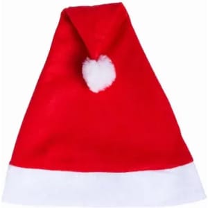 A red Santa hat featuring a white trim and a fluffy white pom-pom at the top. It has a logo on one side.