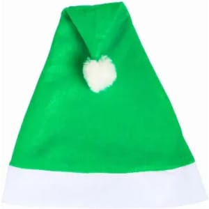 A green elf hat with a white brim and a fluffy white pom-pom at the top.