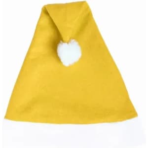 A yellow Christmas hat with a white trim and a fluffy white pom-pom at the tip.