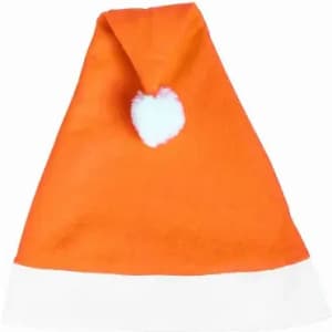 An orange Santa hat featuring a white band and a fluffy white pom-pom at the tip.