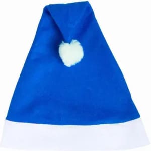 A blue Santa hat with a white trim and a fluffy white pom-pom on top. It features a pointed design.