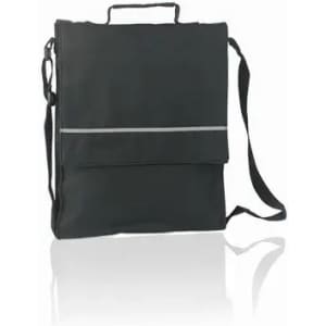 A black messenger bag with a reflective stripe and an adjustable shoulder strap. It features a handle on top.