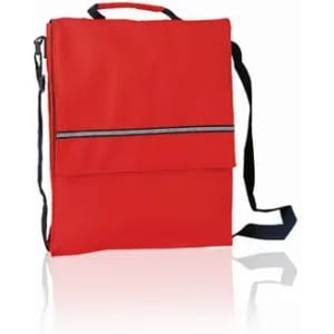 A red messenger bag with a flap closure and a black adjustable shoulder strap. It features a reflective stripe.