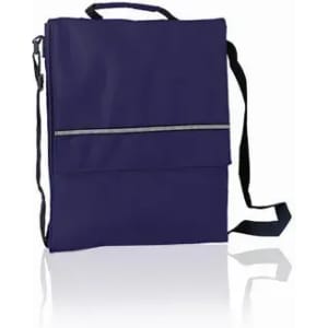 A drink bottle in a deep purple colour with a shoulder strap and a front zip pocket. It features a logo.