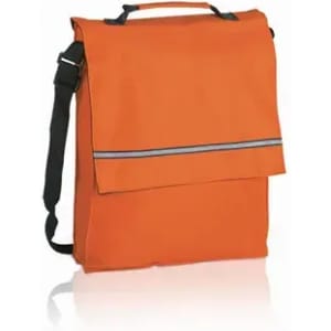 An orange messenger bag with a flap and a black adjustable strap. It features a reflective stripe.