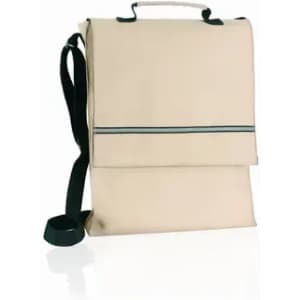 A beige promotional bag with a flap closure and a black adjustable shoulder strap. It features a simple design and a logo.