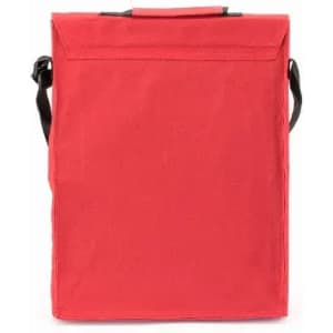 A red promotional bag with a flap closure and an adjustable strap, featuring a plain back.