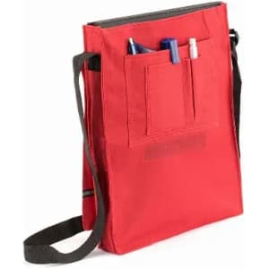 A red messenger bag with a shoulder strap featuring multiple front pockets for pens and small items.