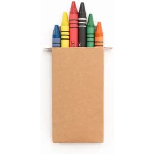 A set of crayons in a brown cardboard box, featuring blue, green, red, yellow, black, and orange colours.