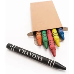 A box of colourful crayons with a black crayon labelled 'CRAYONS' placed beside it.