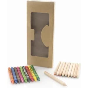 A set of coloured crayons in vibrant hues, alongside plain wooden pencils, all packaged in a cardboard box with a window.