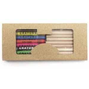 A crayon set in a brown kraft box, featuring colourful non-toxic crayons in vibrant hues.