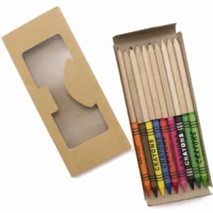 A box of crayons featuring eight vibrant colours, housed in a cardboard sleeve with a clear window.