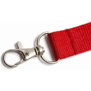 A red fabric strap featuring a silver clip and metal ring at one end.