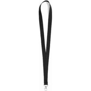 A black lanyard with a clip at the end, suitable for holding ID cards or small items. It features a simple design.