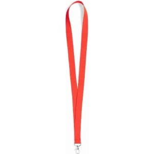A red lanyard with a clip at the end and a smooth, flat appearance. It features a branding logo.