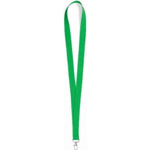 A green lanyard with a clip at the end and a flat, wide strap design. It has a simple, unbranded look.