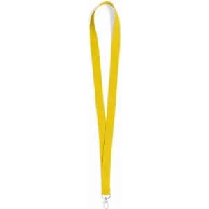 A yellow lanyard with a metal clip at the end, featuring a simple design and soft fabric texture.