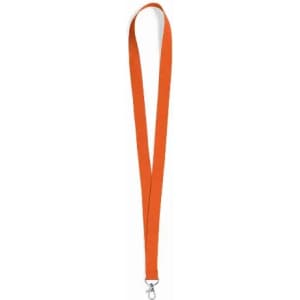 An orange lanyard with a metal clip at the end, featuring a smooth, flat design.