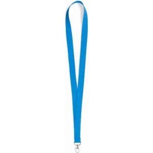 A lanyard in bright blue with a metal clip at the end, featuring a smooth, flat design.