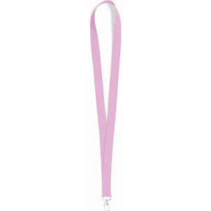 A pink lanyard with a silver clip at the end, featuring a smooth, flat design. It has a logo branding.