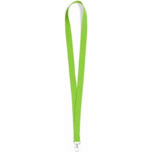 A green lanyard with a metal clip at the end, featuring a simple design and no text.