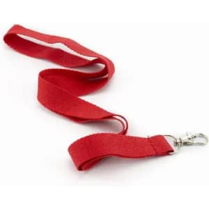 A red lanyard with a clip at one end. The lanyard has a flat, woven design.