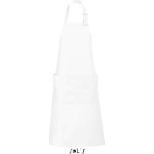 A white apron with pockets made from polycotton, featuring a logo at the bottom.