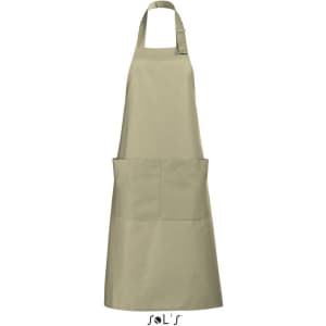 A khaki apron with pockets made from polycotton, featuring an adjustable neck strap and branding at the bottom.