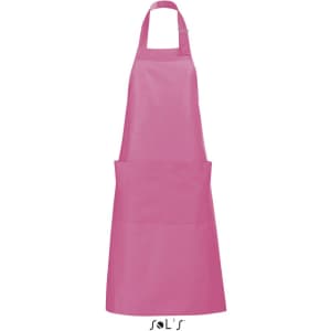 A pink apron with pockets made from polycotton, featuring an adjustable neck strap and a logo at the bottom.