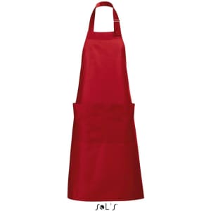 A red polycotton apron with pockets and an adjustable neck strap, featuring a logo at the bottom.